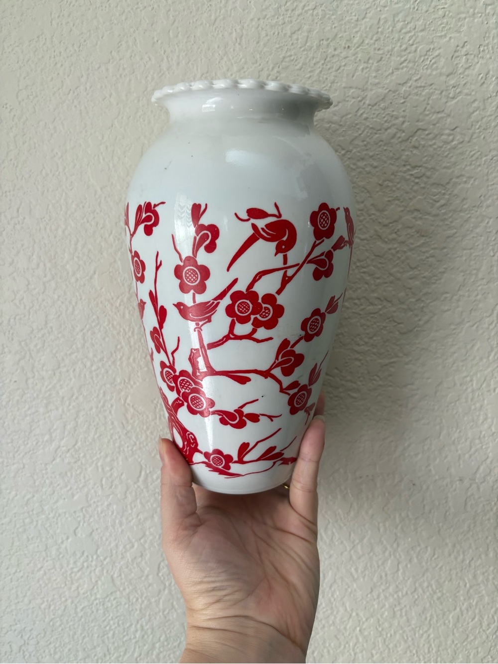 Vintage Anchor Hocking Milk Glass Vase with Cherry Blossoms and Bird Motif